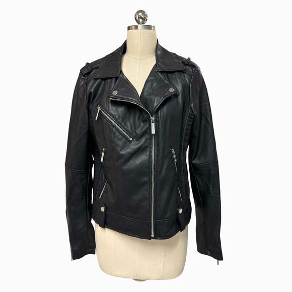 MICHAEL KORS 100% FAUX LEATHER MOTO BLACK JACKET SIZE L