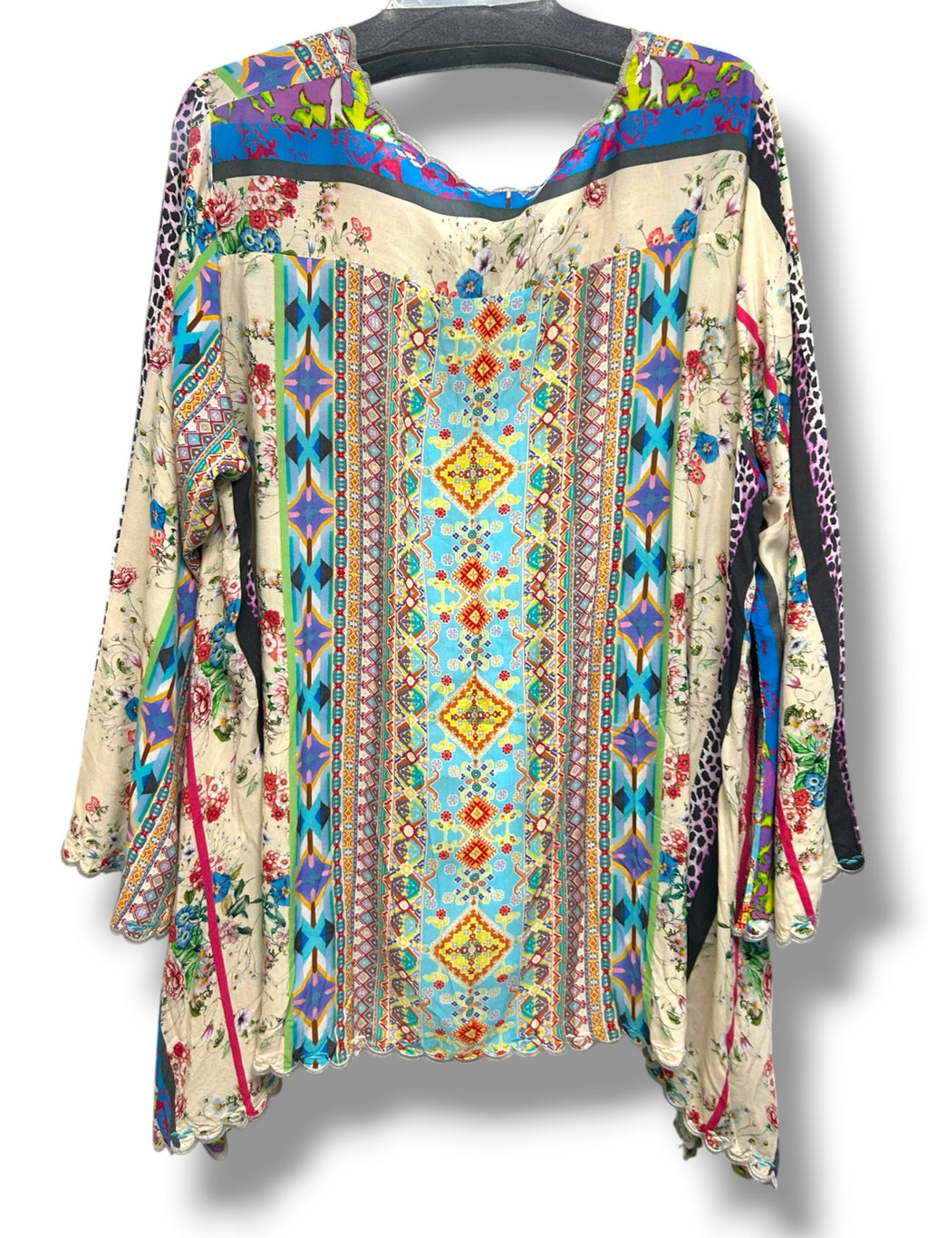 JOHNNY WAS STELLA FLARE SLEEVE BOHO MULTI PRINT BLOUSE SIZE XL