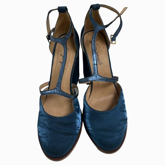 FREE PEOPLE WYTHE SATIN METALLIC T-STRAP BLUE PLATFORM HEEL SIZE 40