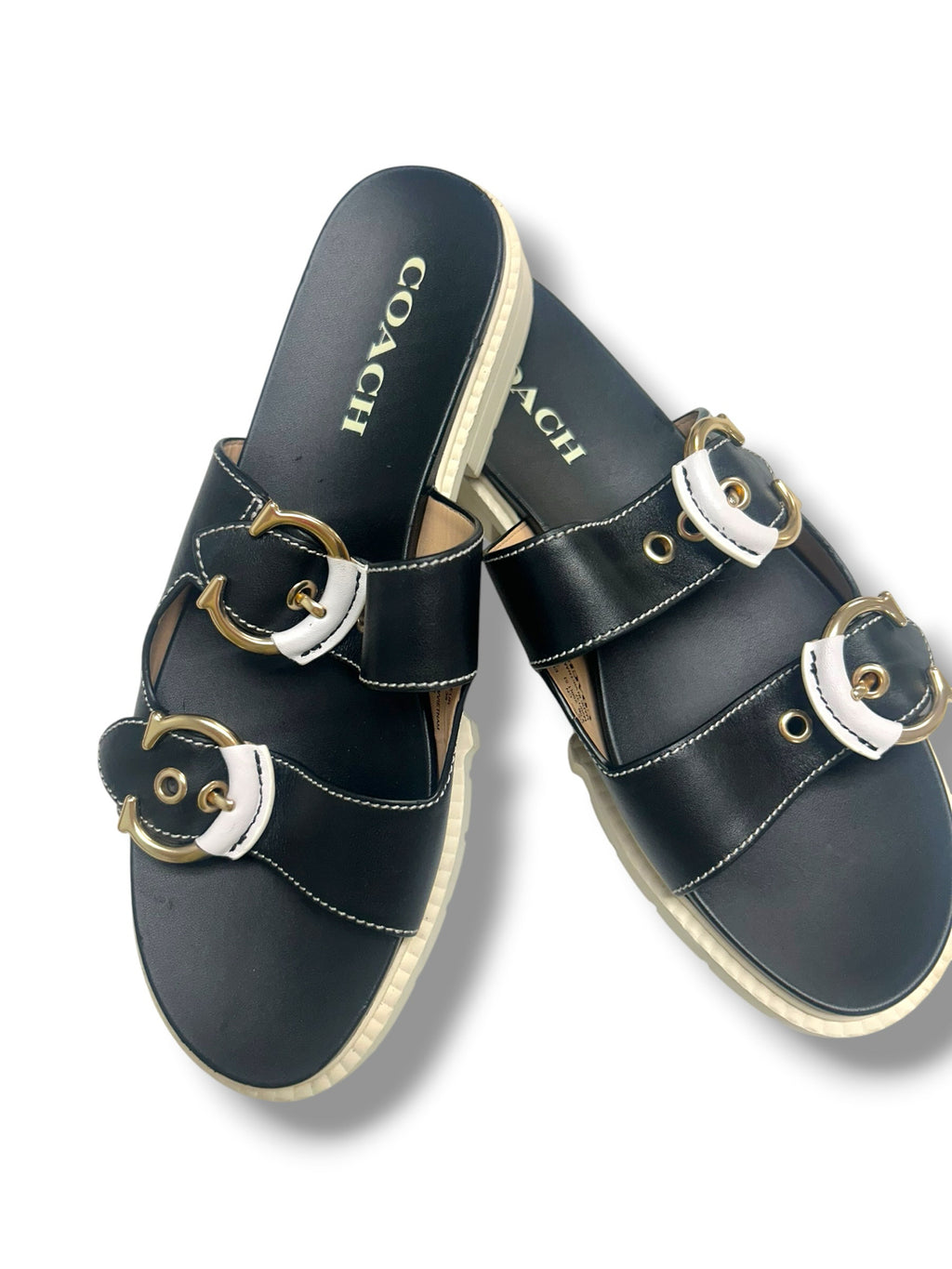 COACH BUCKLE PIPER BLACK CREAM PLATFORM SLIDE SANDALS SIZE 8.5