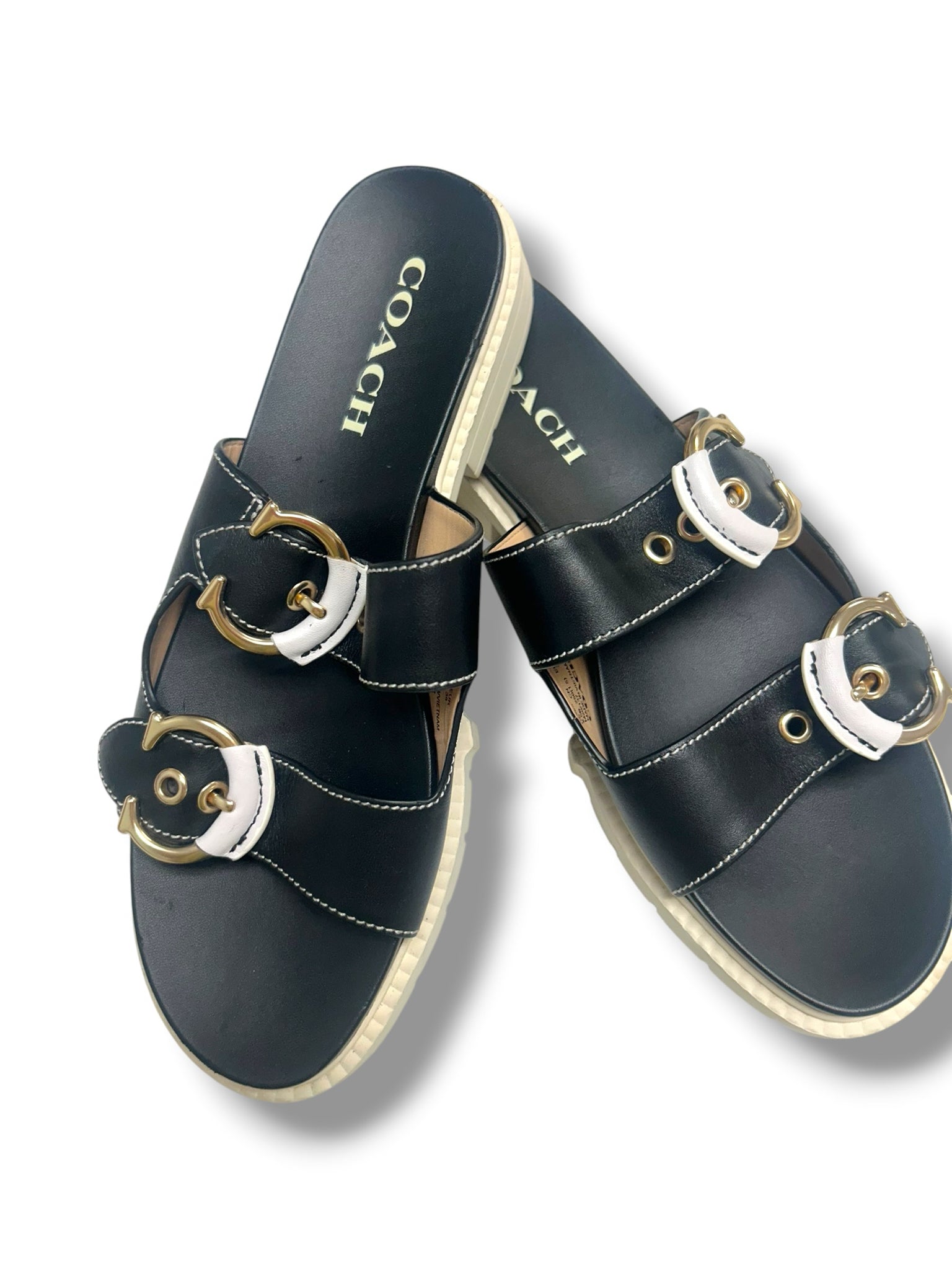 COACH BUCKLE PIPER BLACK CREAM PLATFORM SLIDE SANDALS SIZE 8.5