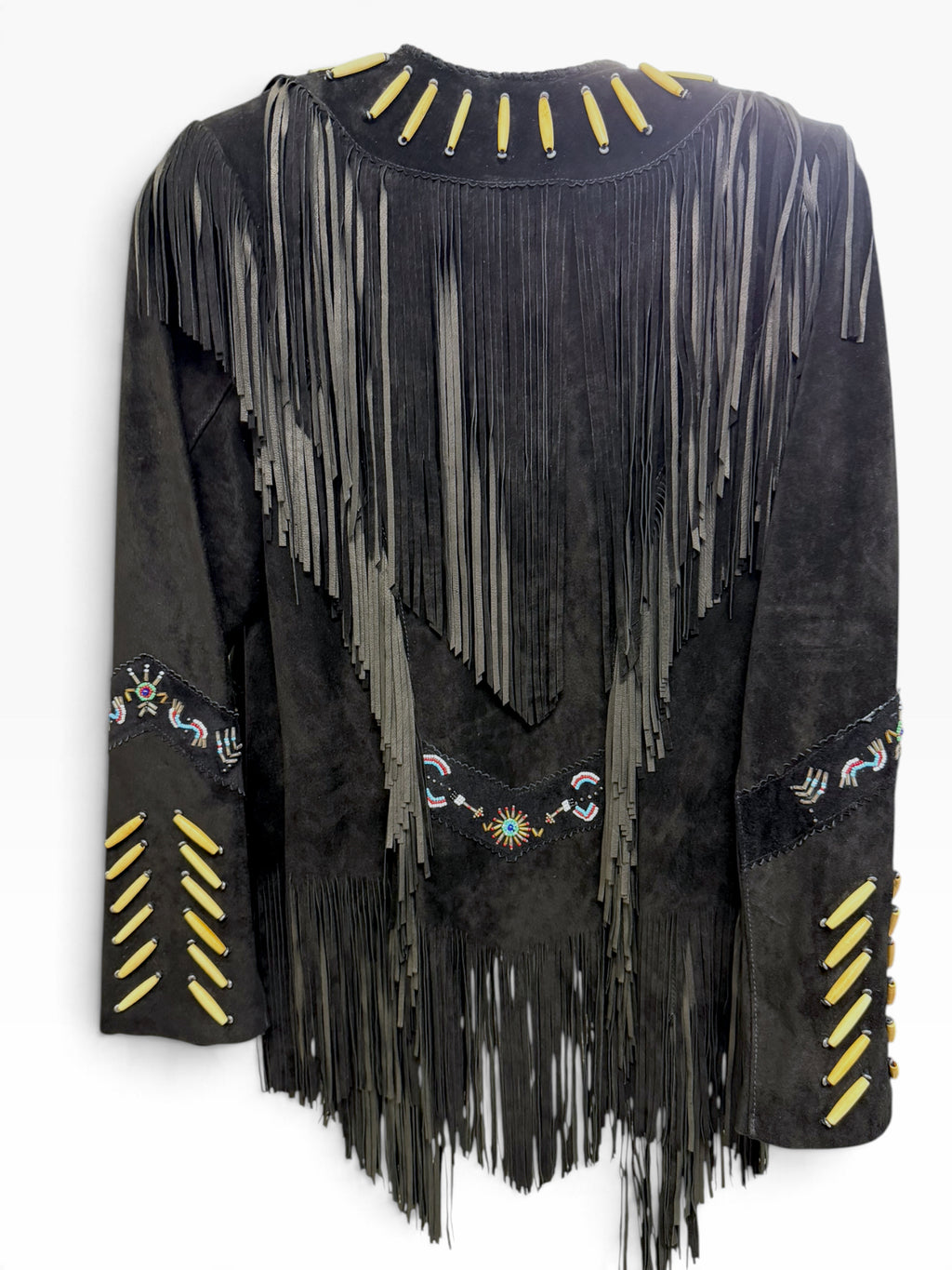 VINTAGE CACHE SUEDE LEATHER NAVAJO BEADED FRINGE BLACK JACKET SIZE 6