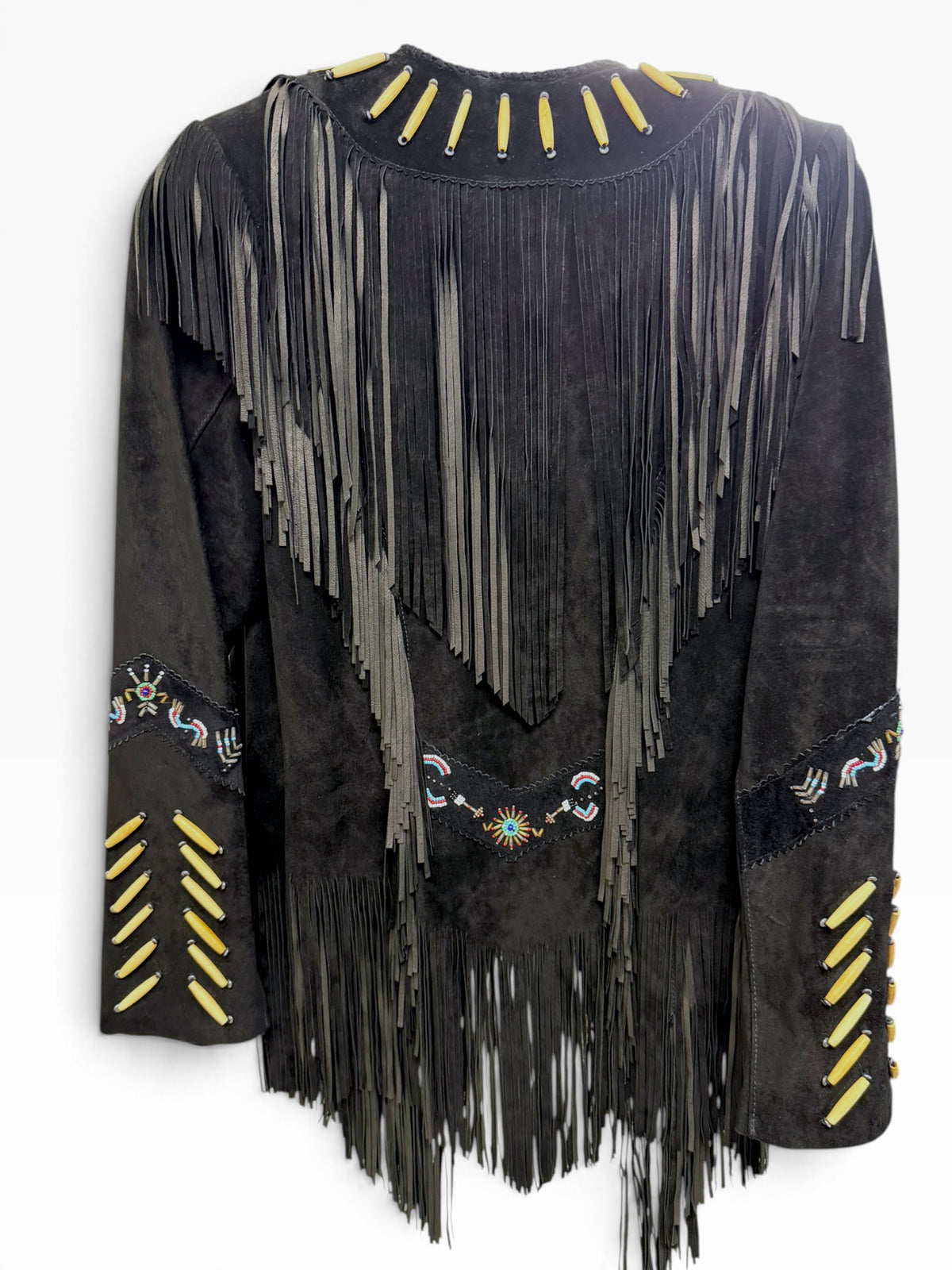 VINTAGE CACHE SUEDE LEATHER NAVAJO BEADED FRINGE BLACK JACKET SIZE 6