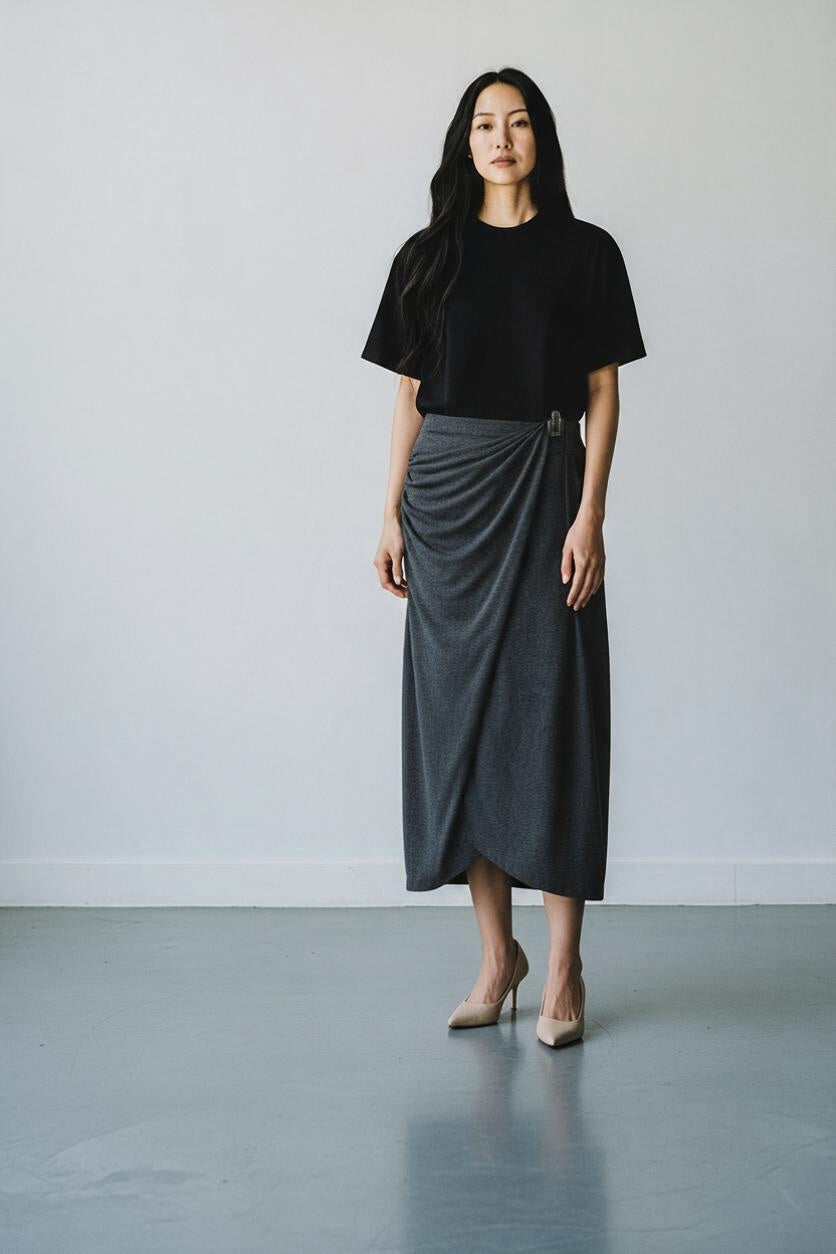 VINCE WOOL BLEND FAUX WRAP DARK GRAY KNIT SKIRT SIZE MEDIUM
