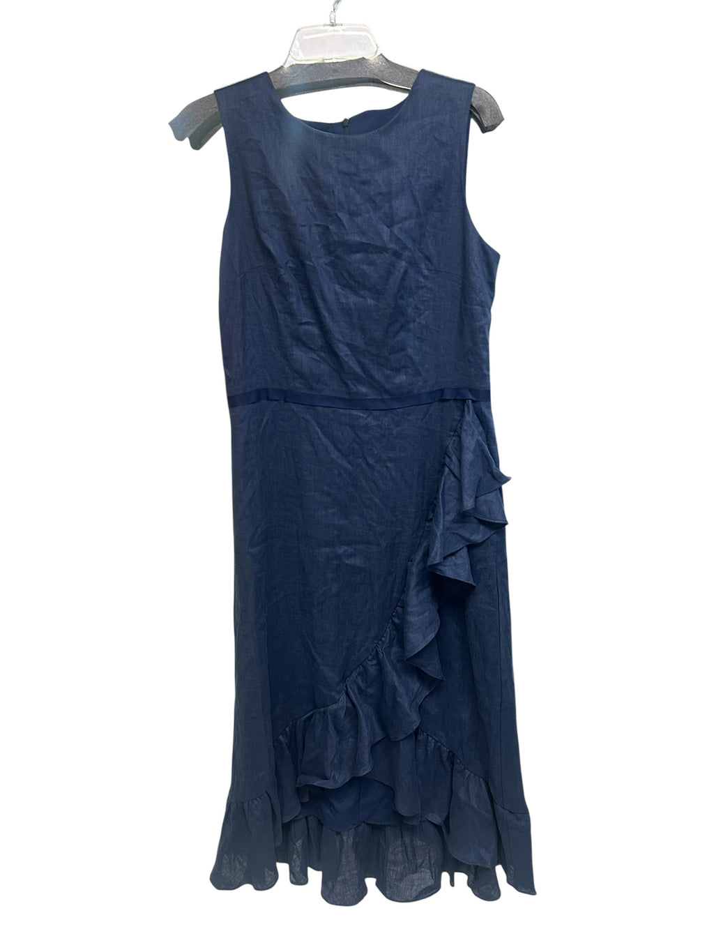 NWT SARA CAMPBELL CHANTELLE LINEN RUFFLE NAVY BLUE SLEEVELESS MIDI DRESS SIZE 8