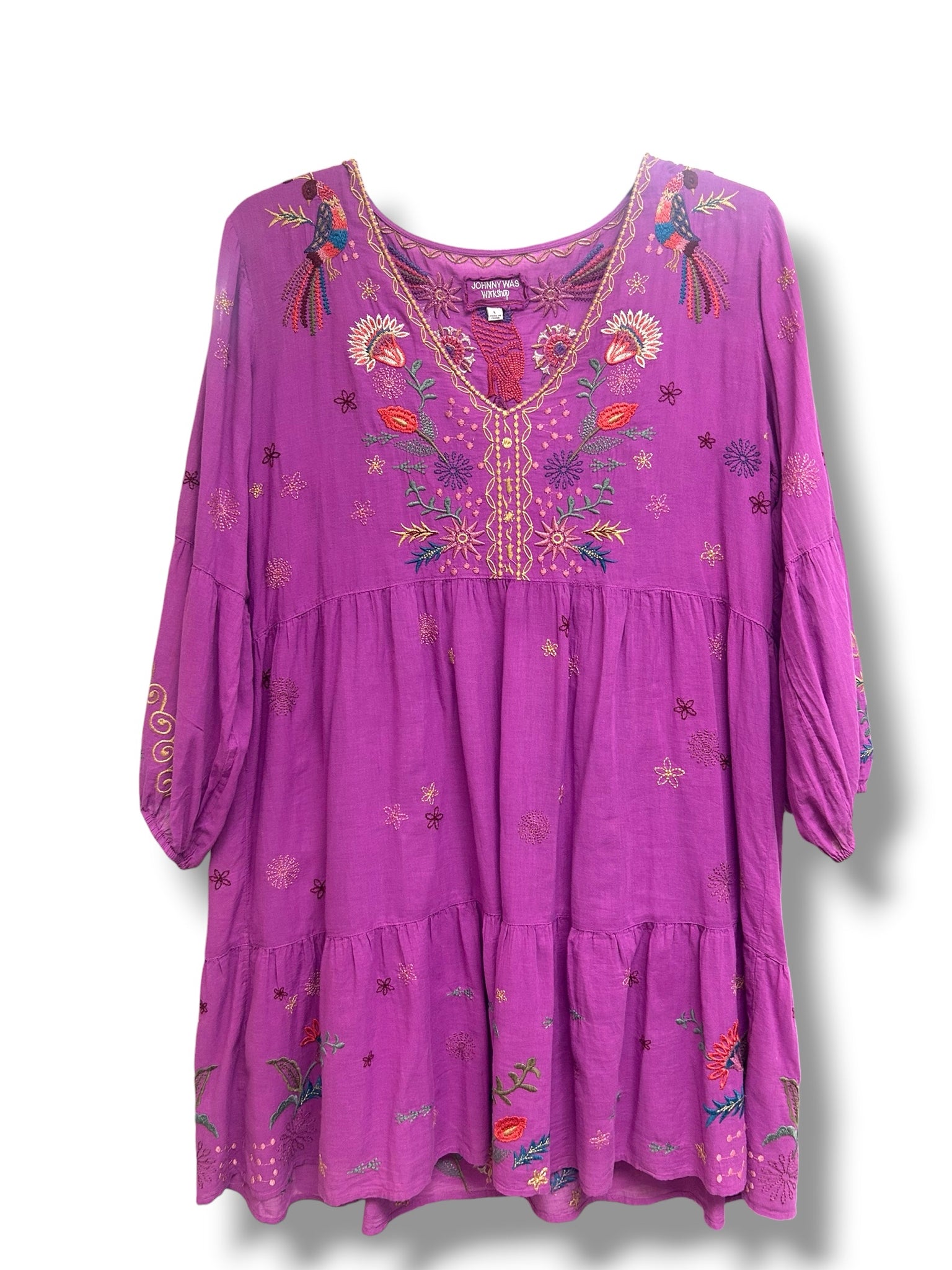 JOHNNY WAS LUCY EASY TIERED MINI PURPLE EMBROIDERED DRESS SIZE LARGE
