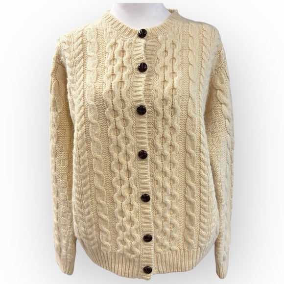 LL BEAN WOOL CABLE KNIT MADE IN IRELAND CREAM BUTTON FRONT CARDI SIZE XL