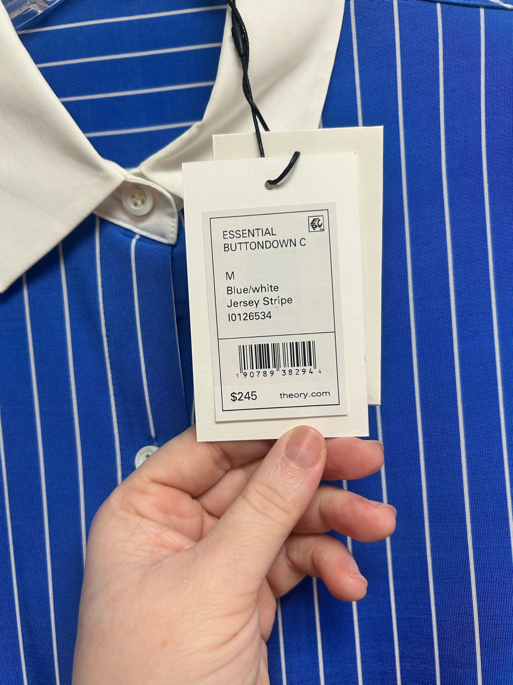 THEORY NWT ESSENTIAL BUTTON DOWN BLUE STRIPED JERSEY TOP SIZE MEDIUM