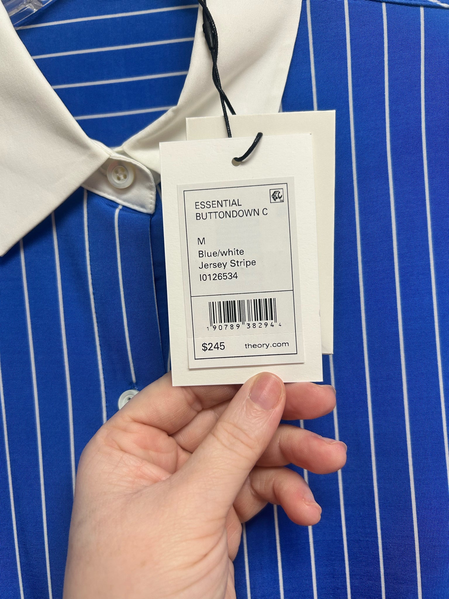 THEORY NWT ESSENTIAL BUTTON DOWN BLUE STRIPED JERSEY TOP SIZE MEDIUM