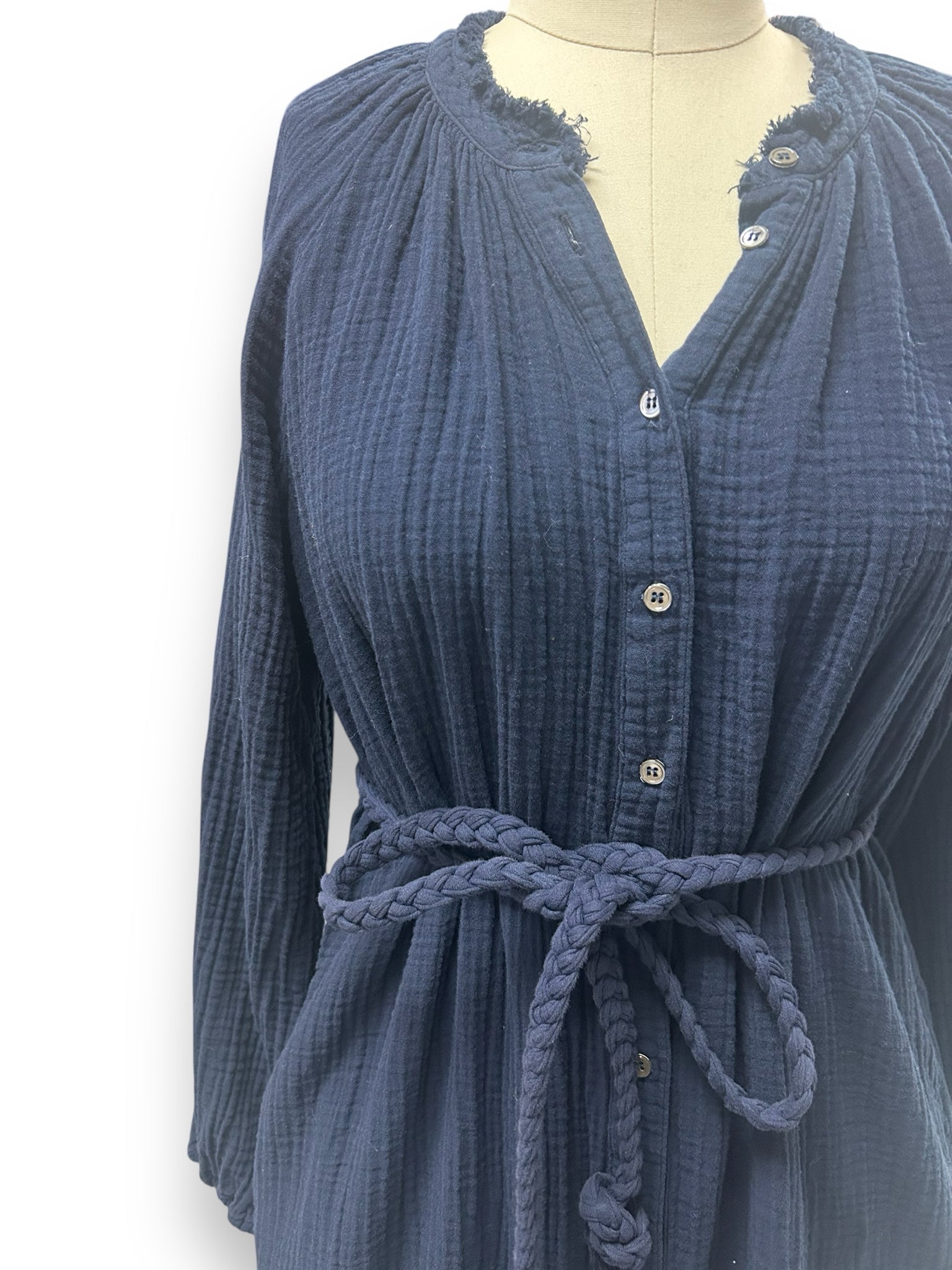 XIRENA ANDREA LS GAUZE MIDI W/BRAIDED BELT NAVY SIZE SMALL