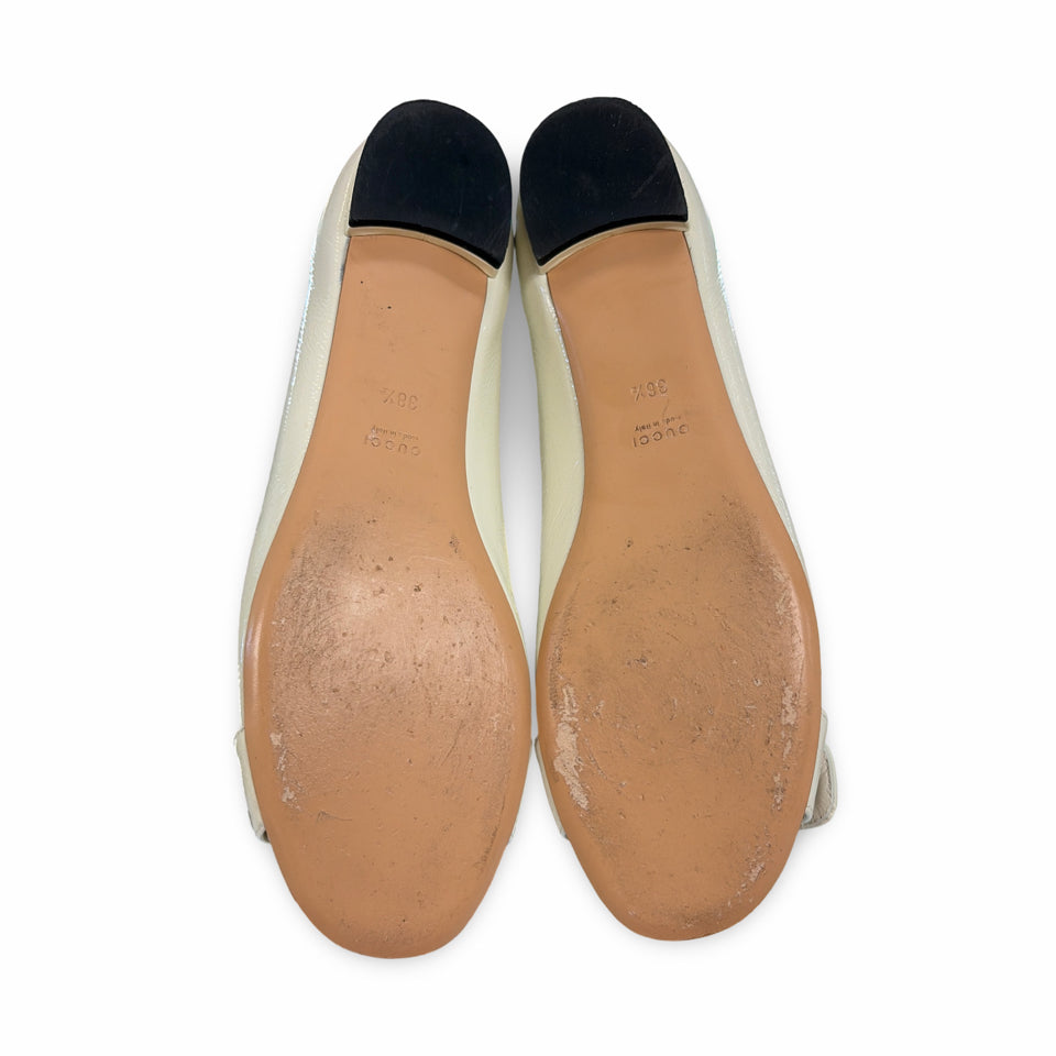 GUCCI PATENT SALANDIA PEEP TOE FLAT IN MYSTIC WHITE SIZE 38.5