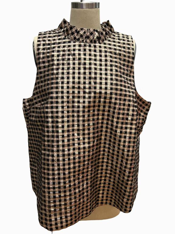 JCREW RUFFLENECK SLEEVELESS TOP IN LUREX CRINKLE GINGHAM SIZE: XXL