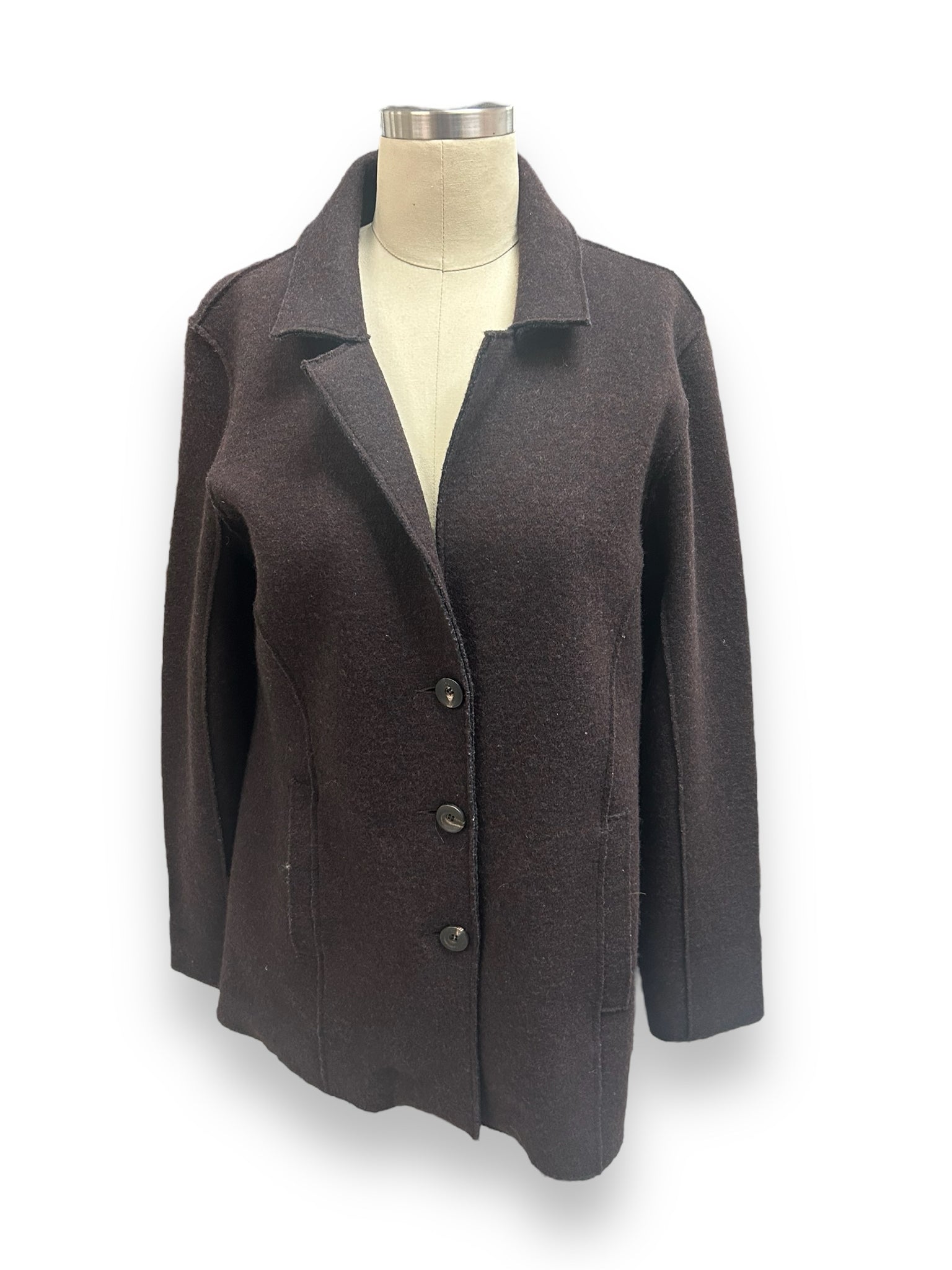 EILEEN FISHER BROWN MERINO WOOL NOTCH COLLAR SIZE SMALL