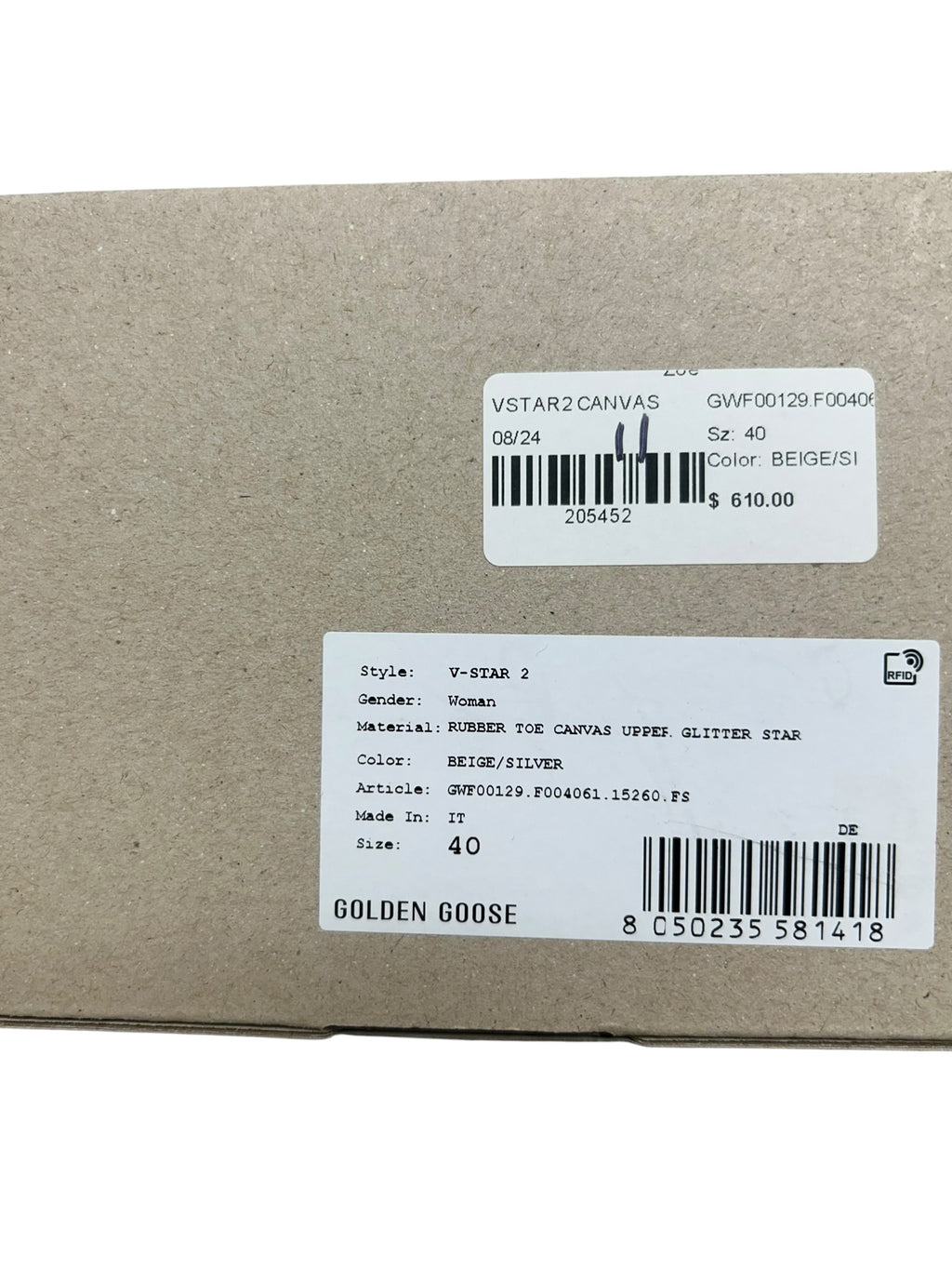 NIB GOLDEN GOOSE V STAR BEIGE CANVAS GLITTER STAR SNEAKERS SIZE 40 US 10