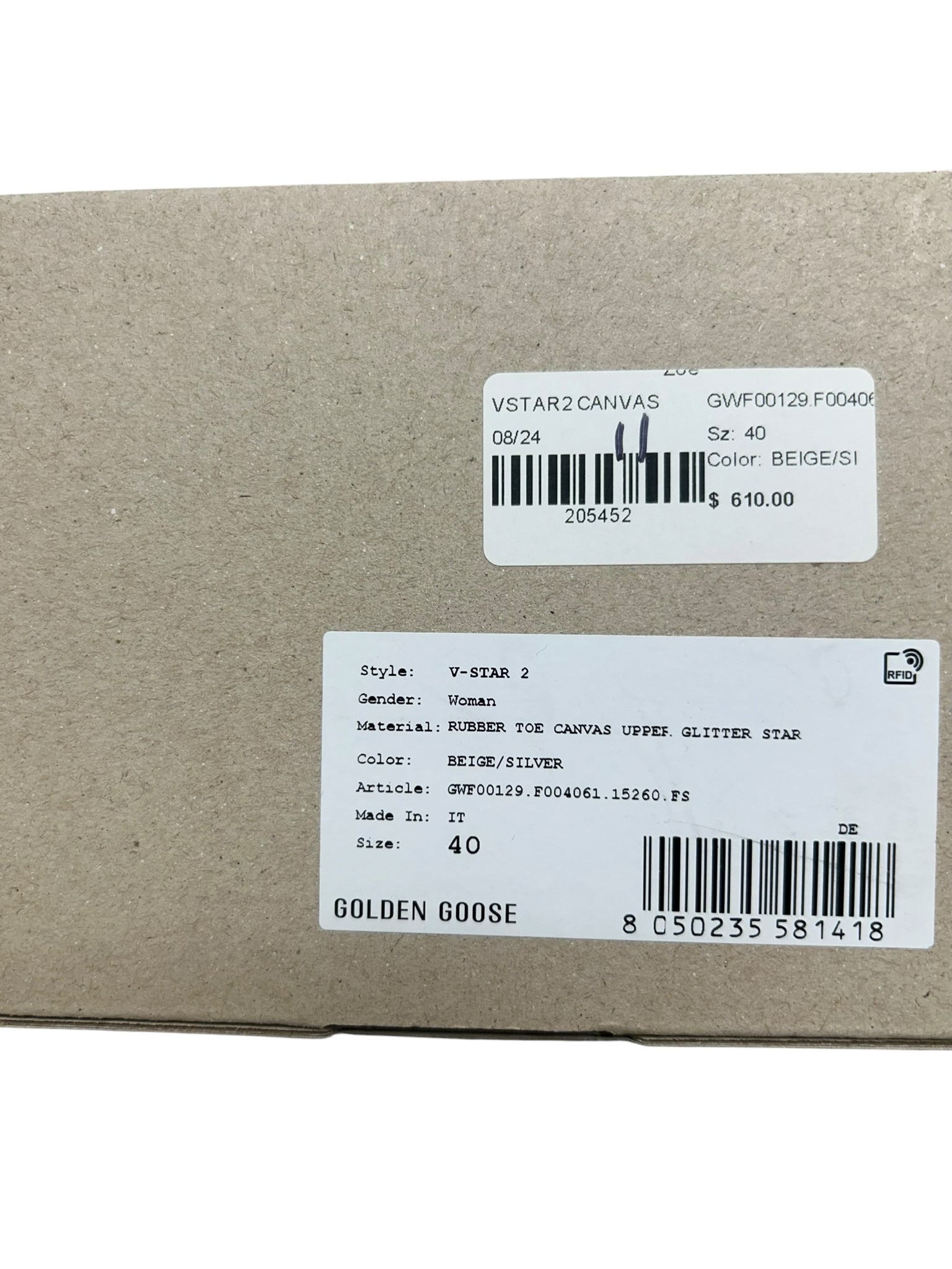 NIB GOLDEN GOOSE V STAR BEIGE CANVAS GLITTER STAR SNEAKERS SIZE 40 US 10