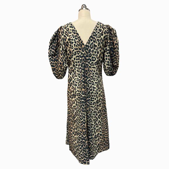 GANNI DEEP VNECK LEOPARD PRINT INVERTED BALLOON SLEEVES DRESS SIZE M