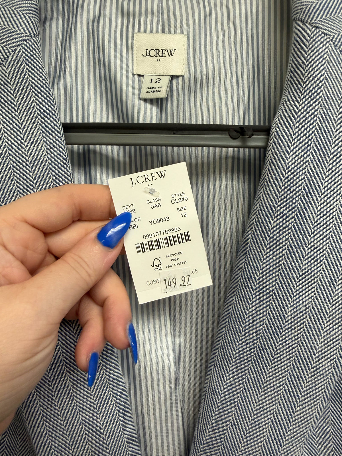 NWT J.CREW FACTORY COTTON HERRIGBONE LIGHT BLUE BUTTON BLAZER SIZE 12