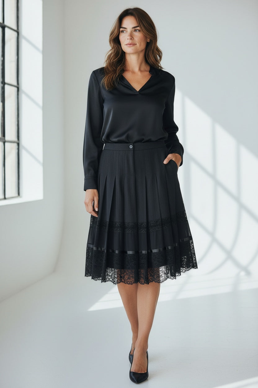 DOLCE & GABBANA BLACK PLEATED LACE MIDI SKIRT SIZE IT 46 US SMALL