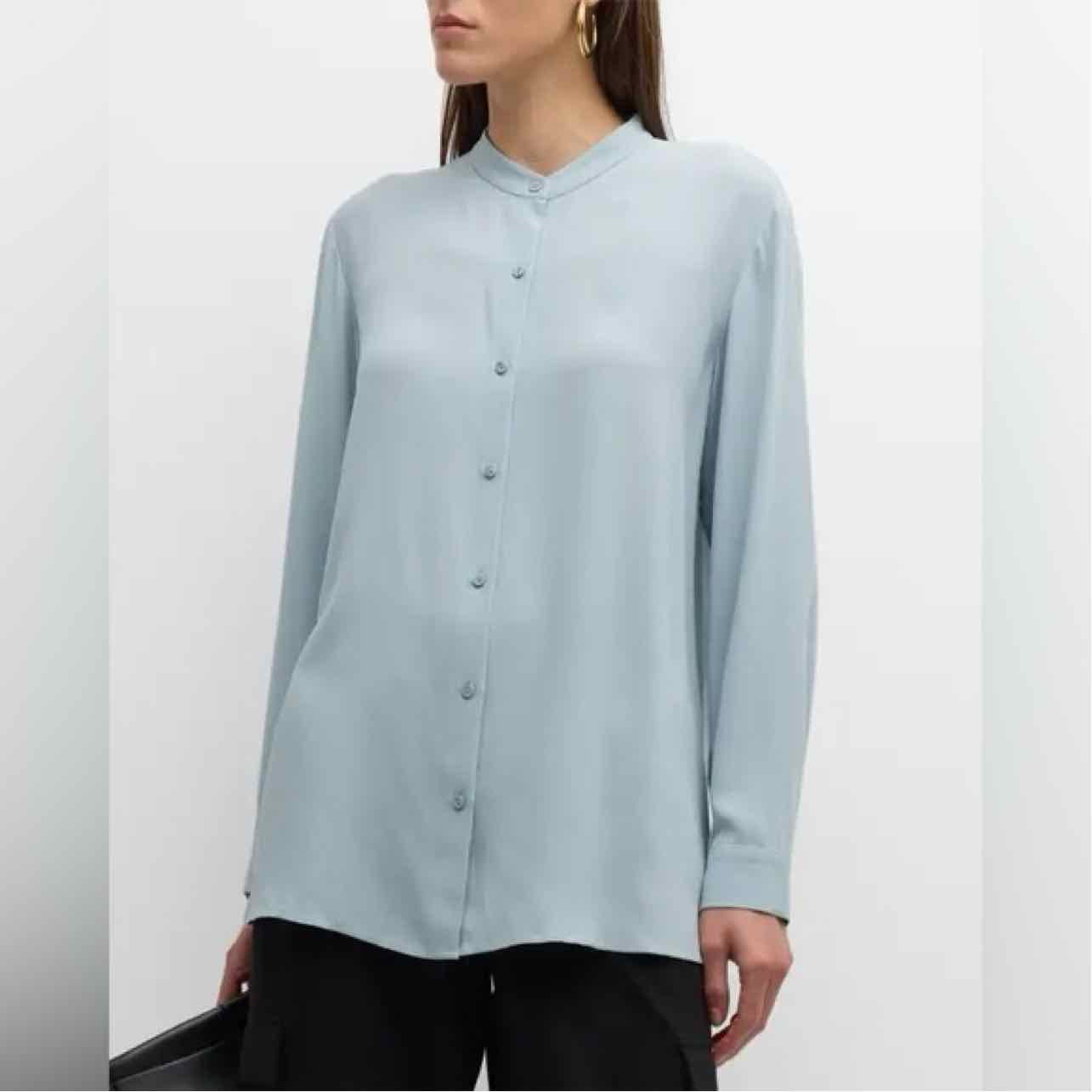 NWT EILEEN FISHER SILK GEORGETTE CREPE BUTTON DOWN SLATE BLUE SIZE SMALL