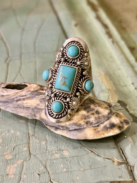 925 HOWLITE TURQUOISE MULTI STONE ELONGATED RING CFJ THAI
