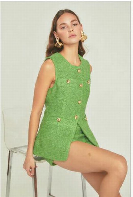 ENDLESS ROSE KELLY GREEN TWEED SPLIT TOP SHORT SET SIZE XS