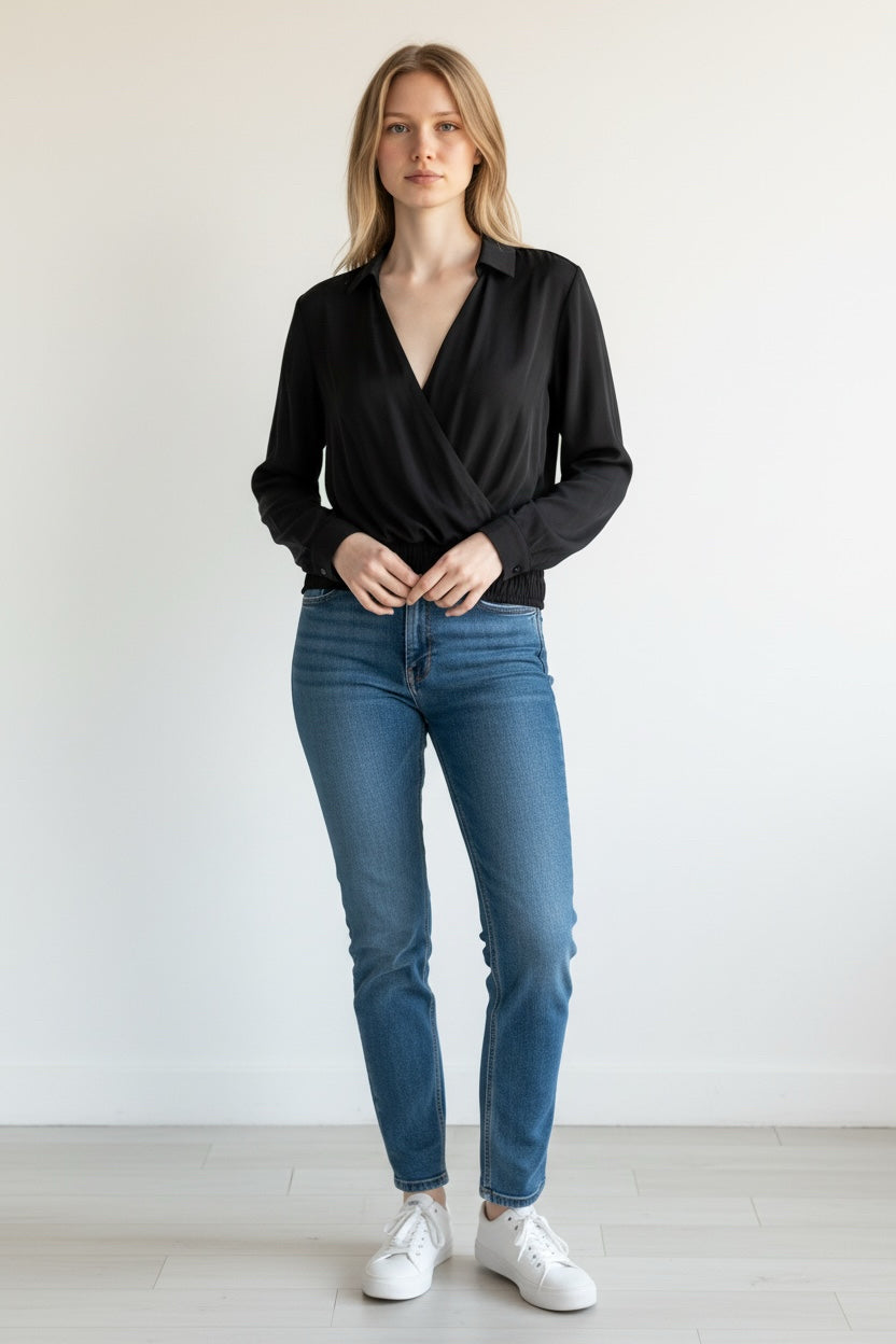 NWT ANTHROPOLIGIE BLACK SATIN WRAP FRONT V NECK BLOUSE SIZE LARGE