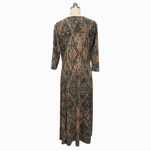 PERUVIAN CONNECTION 96% COTTON 3/4 SLEEVE BROWN PRINT MAXI DRESS SIZE M