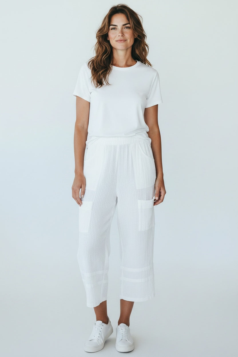 TULIP SEERSUCKER WIDE LEG LAGENLOOK CARGO WHITE PANTS SIZE MEDIUM