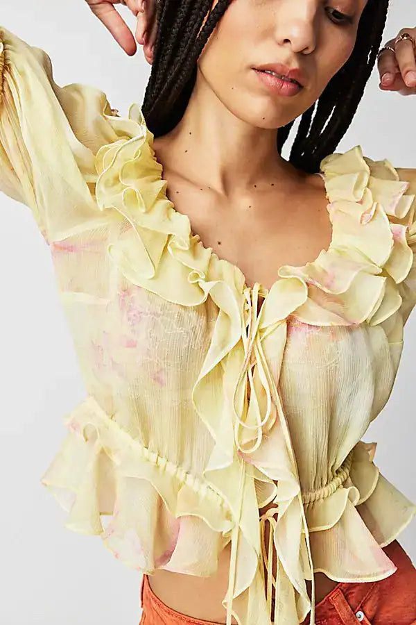 LOVE SHACK FANCY SHEER RUFFLE ALDER SILK BLOUSE YELLOW PINK SIZE XS