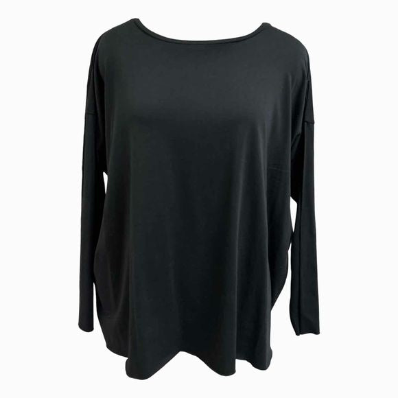PLANET BY LAUREN G 100% PIMA COTTON RAW CUTLONG SLEEVE BLACK TUNIC TOP SIZE ONE