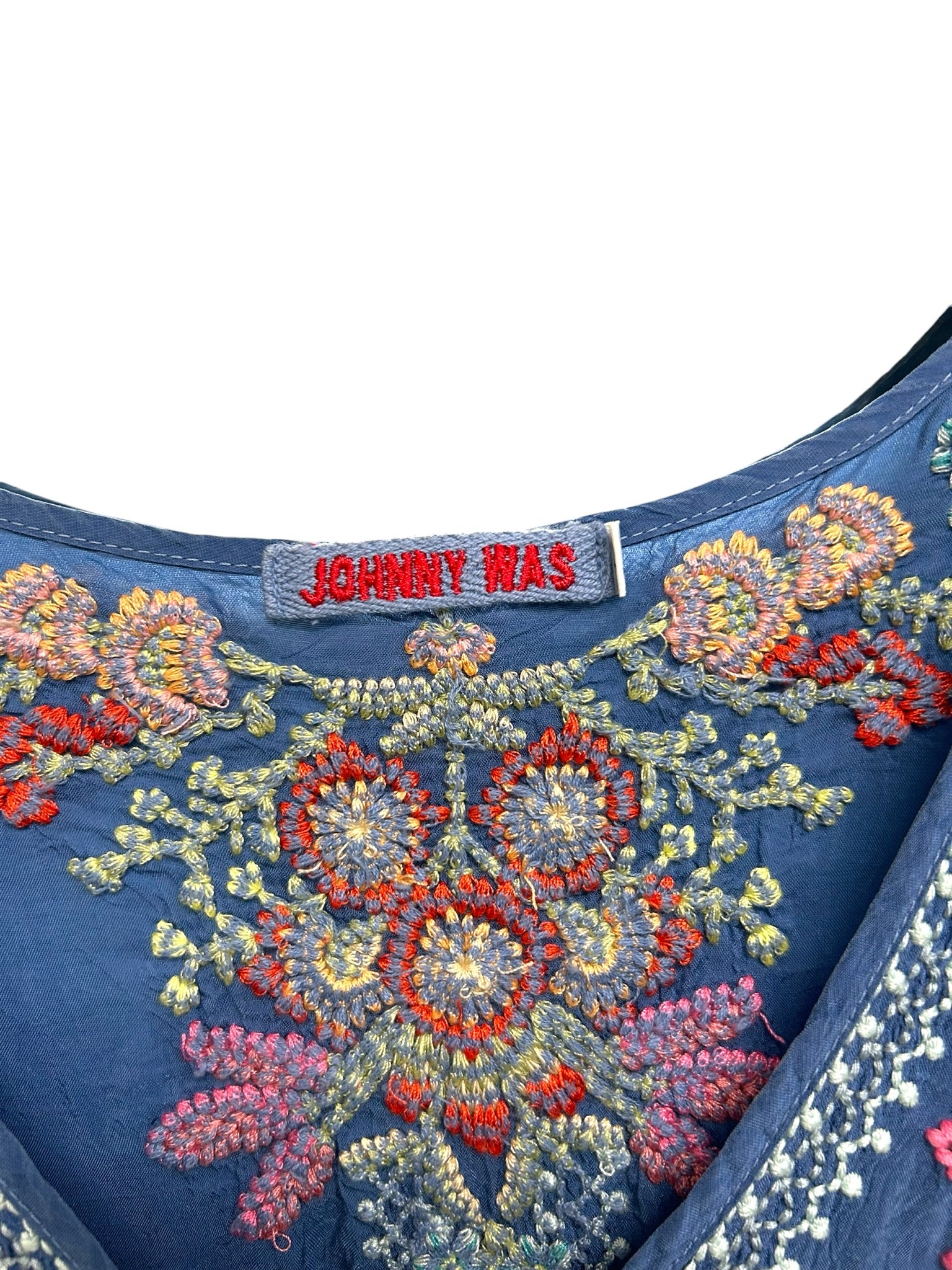 JOHNNY WAS HEIDI EMBROIDERED BLUE V NECK TUNIC DRESS SIZE LARGE
