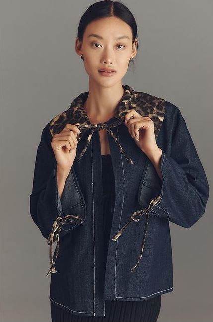 ANTHROPOLOGIE MAEVE LEOPARD COLLAR DENIM BOXY JACKET ONE SIZE