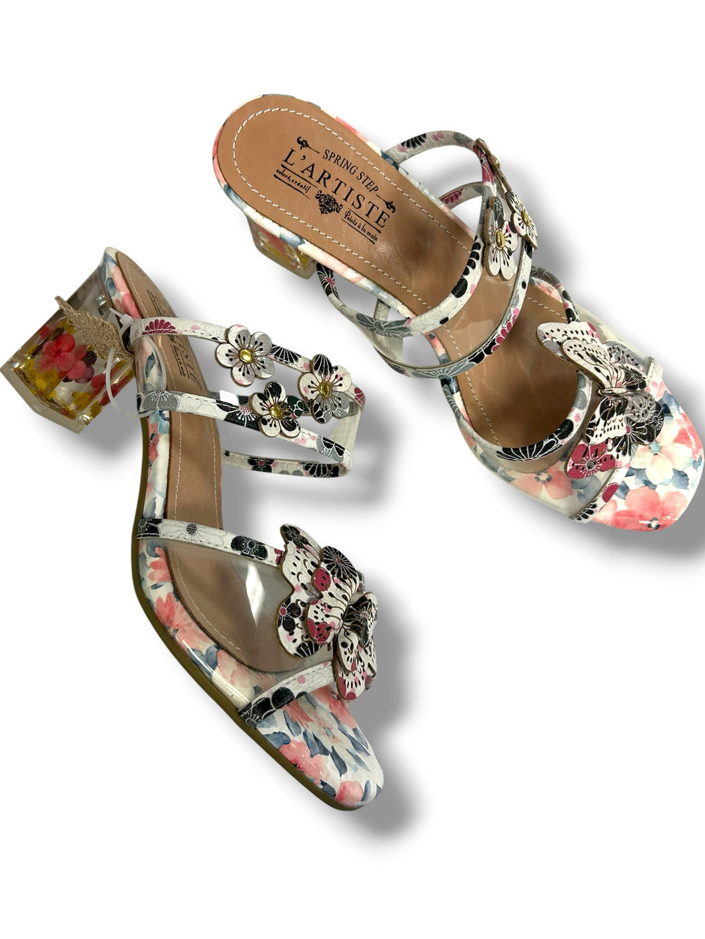 L'ARTISTE ADORED APPLIQUE FLORAL BUTTERFLY HEELED SANDALS SIZE 10