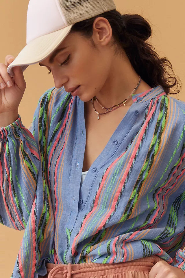 ANTHROPOLOGIE DEVOTION TWINS OPALIOS STRIPED NEON BLOUSE SIZE SMALL