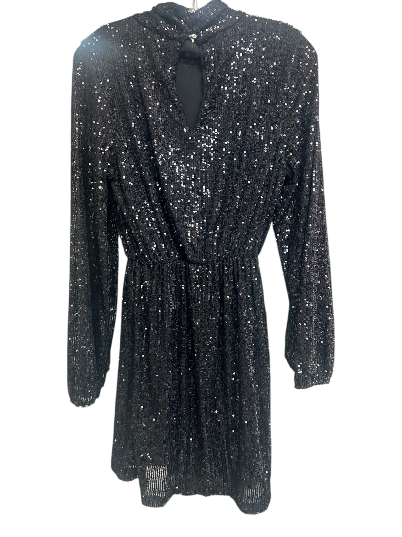NWT ASTRID Black SEQUIN MOCK NECK LONG SLEEVE MINI FAUX WRAP DRESS SIZE MEDIUM