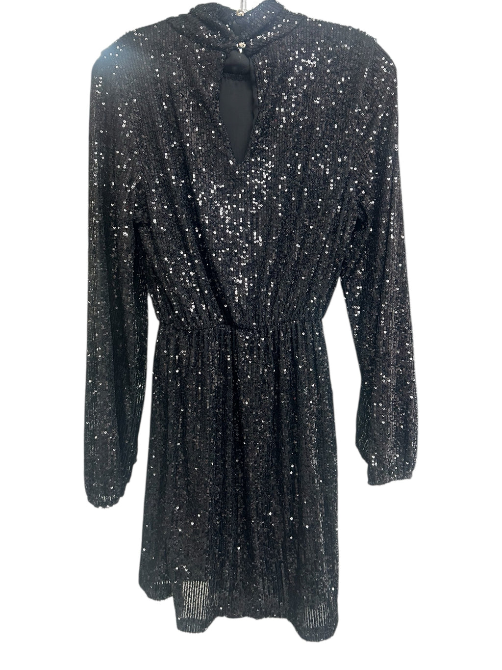 NWT ASTRID  BLACK SEQUIN MOCK NECK LONG SLEEVE MINI FAUX WRAP DRESS SIZE MEDIUM