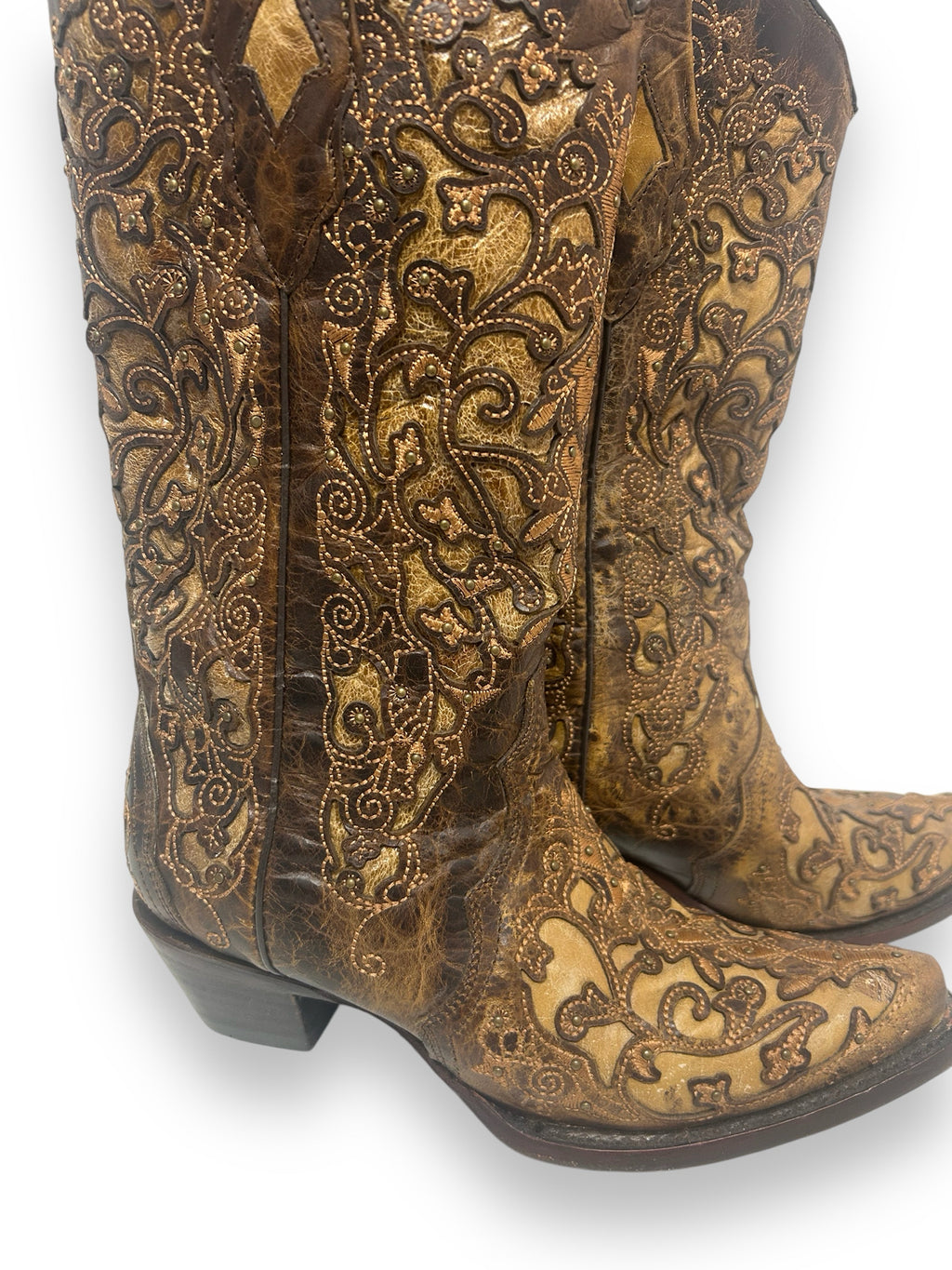 CORRAL TAN INLAY EMBROIDERY AND STUDS BRONW COWBOY BOOTS SIZE 7.5