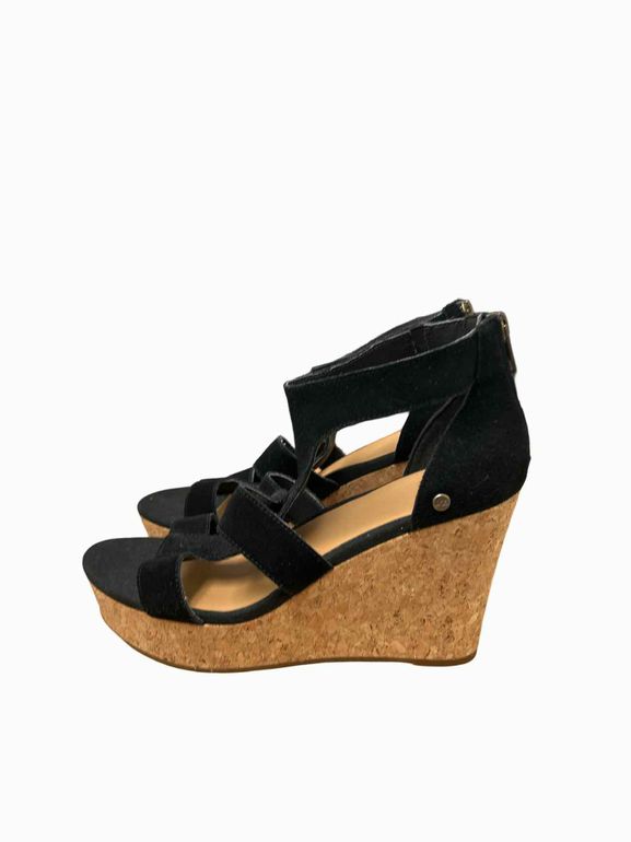 UGG NWOB WHITNEY SUEDE WEDGE SANDAL BLACK 8