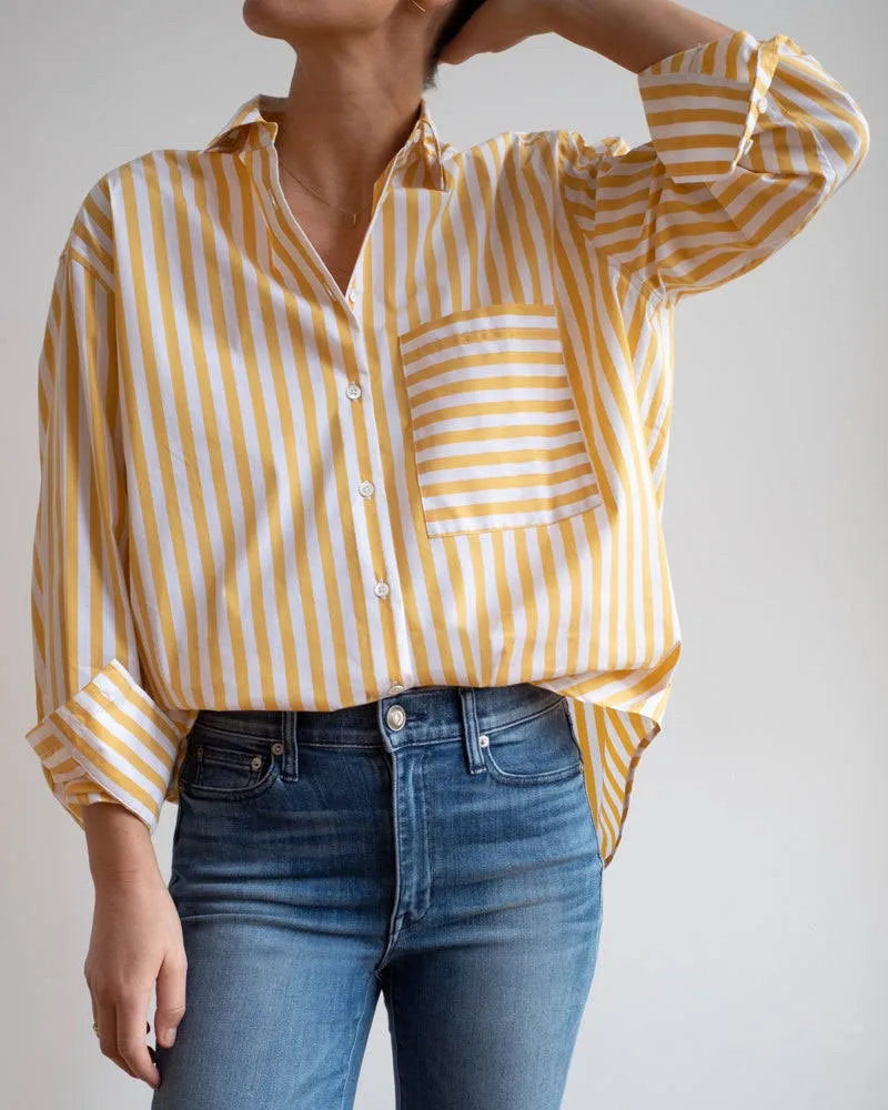 AYR THE DEEP END YELLOW STRIPE SILK BLEND BUTTON DOWN BLOUSE SIZE SMALL