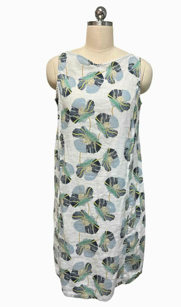 HABITAT NWT! 100% LINEN INDIGO FLORAL SHIFT CREAM/GREEN DRESS SIZE XS