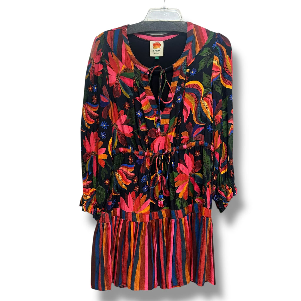 FARM RIO BLACK BANANA SKY MINI RUFFLE DRESS SIZE MEDIUM