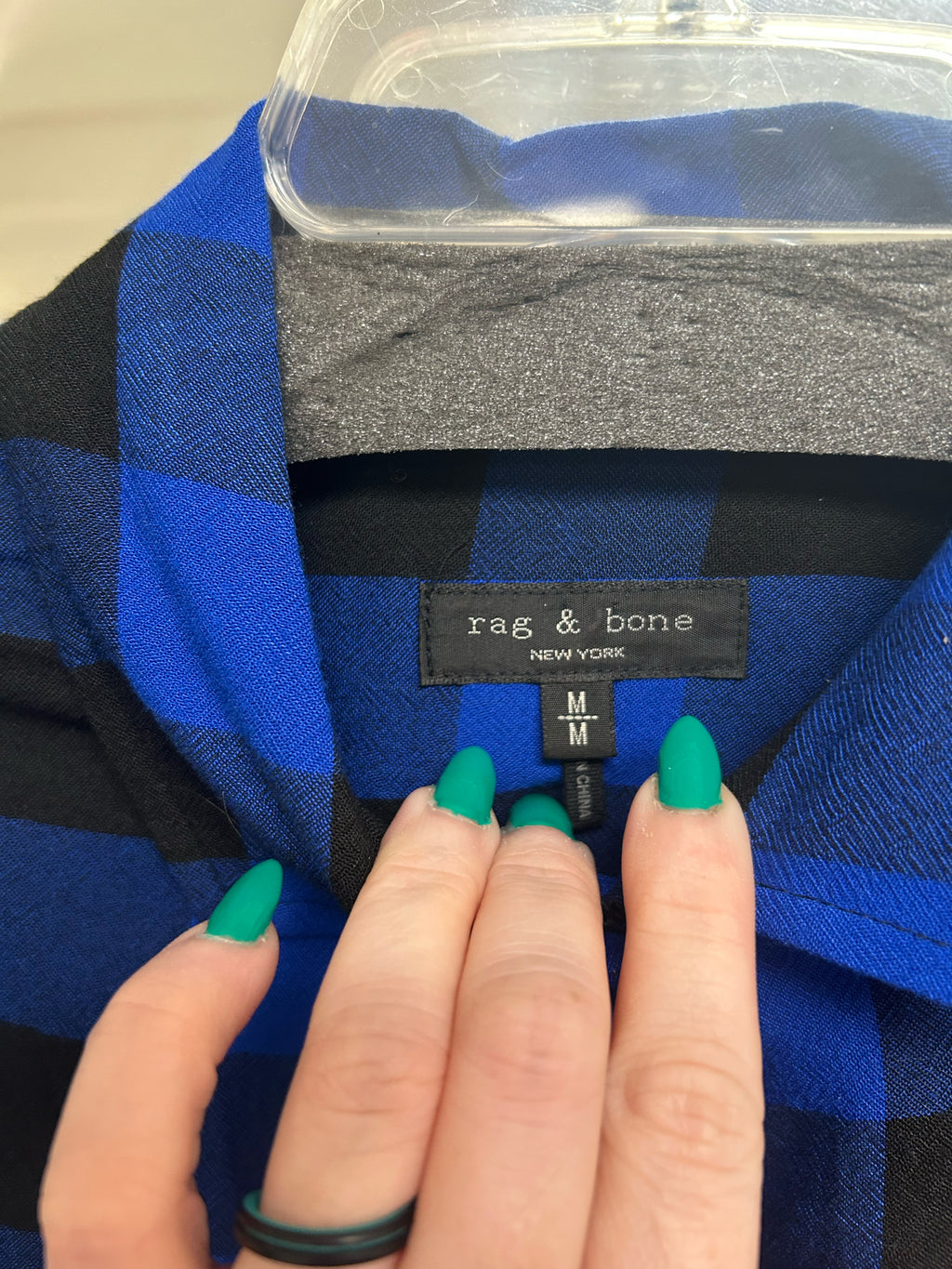 RAG & BONE CAMILLE BUFFALO CHECK FAUX WRAP BLUE BLACK BLOUSE SIZE MEDIUM