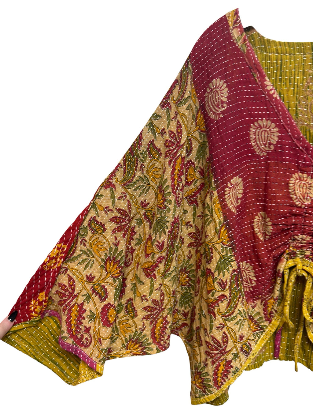 KANTHA BAE COTTON SARI FABRIC BUTTERFLY TOP RED YELLOW FREE SIZE