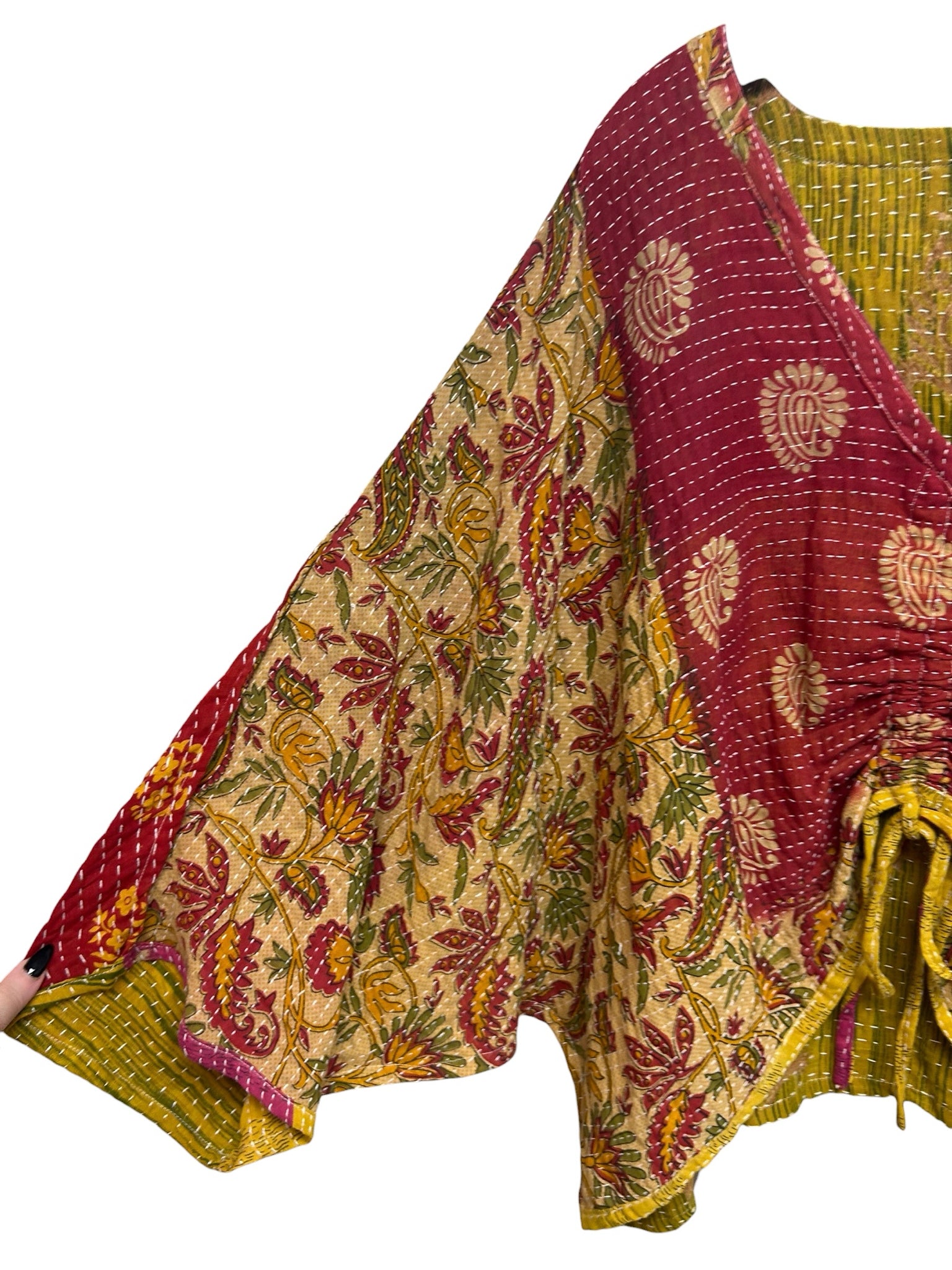 KANTHA BAE COTTON SARI FABRIC BUTTERFLY TOP RED YELLOW FREE SIZE