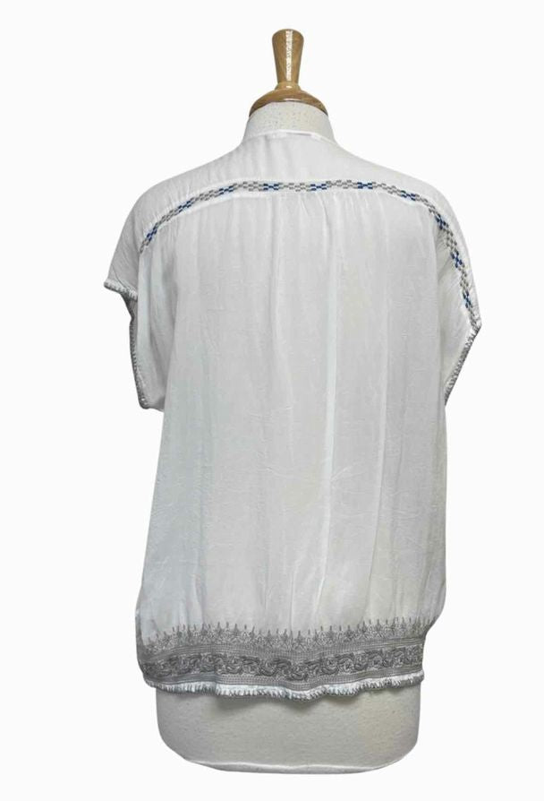 JOHNNY WAS NOAH EMBROIDERED FLORAL WHITE BLOUSE SIZE L