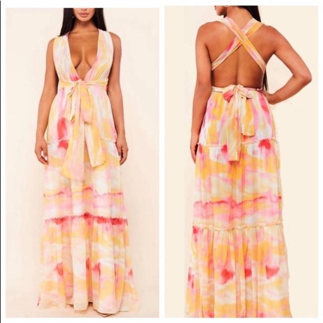 NWT! L'ATISTE BY AMY PINK/YELLOW/ORANGE OMBRE TIE WAIST HALTER MAXI DRESS SIZE L