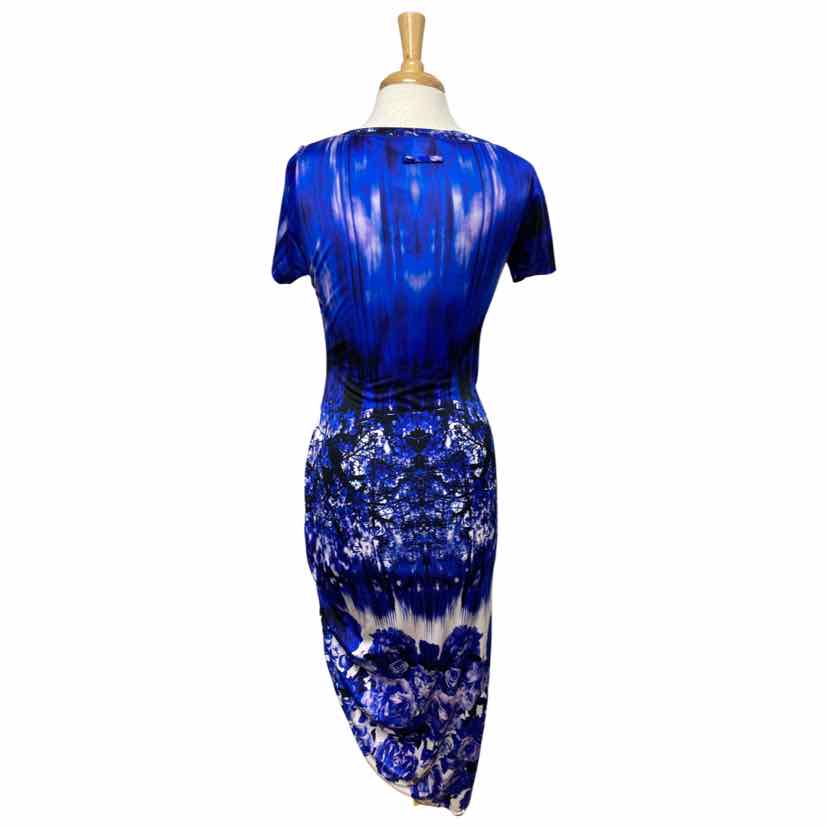 NWT! JEAN PAUL GAULTIER BLUE ROSE PRINT RUCHED CAP SLEEVE MIDI DRESS SIZE XLARGE