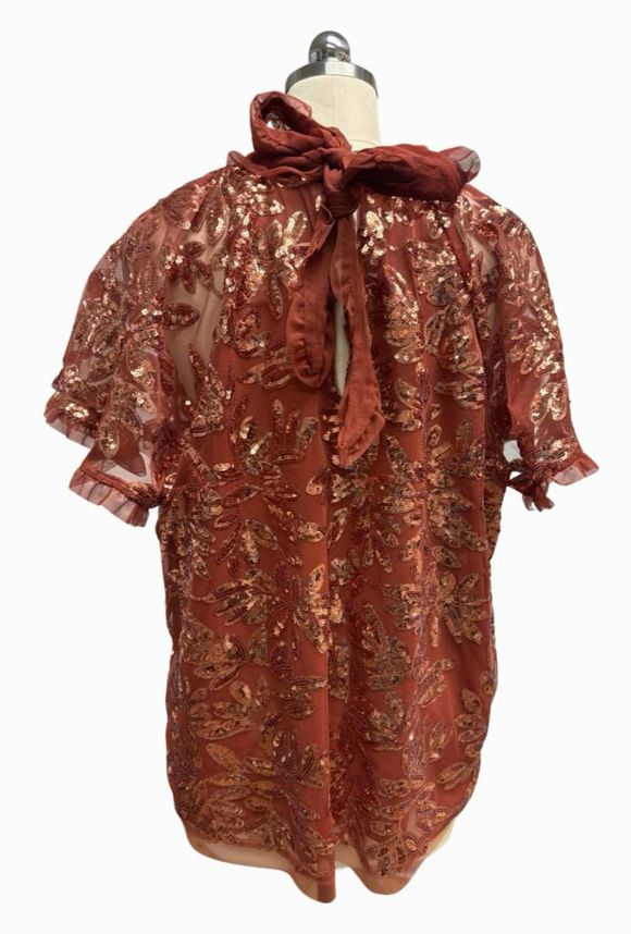 ANTHROPOLOGIE OB1404119 CUT-OUT FLORAL BRICK SEQUINS TOP SIZE XL