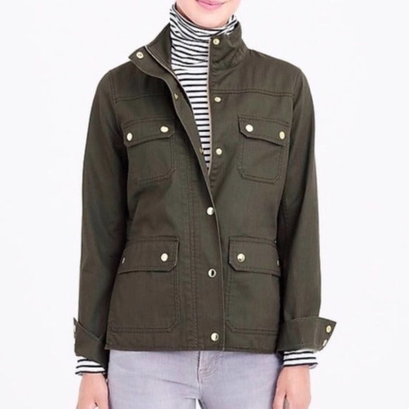 JCREW RELAXED RESIN-COATED TWILL FIELD OLIVE JACKET SIZE S