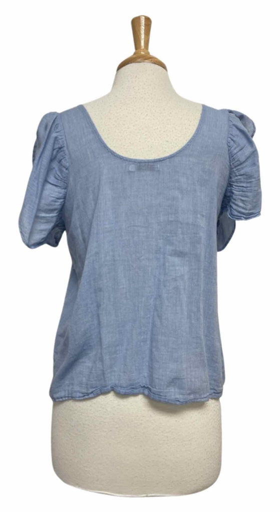 MES DEMOISELLES 100% COTTON SAGE SMOCKED FLUTTER SLEEVE CHAMBRAY TOP SIZE S